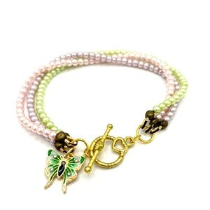 HAND CRAFTED Colorful Pearl Bracelet with Green Butterfly Charm